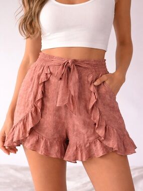 Mystree Dusty Rose Ruffle Shorts | Boho Tie Waist Flowy Summer High Rise.